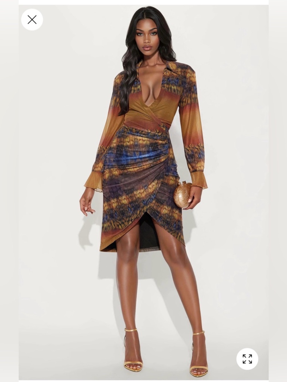 Ruched multi color Long Sleeve Wrap Dress